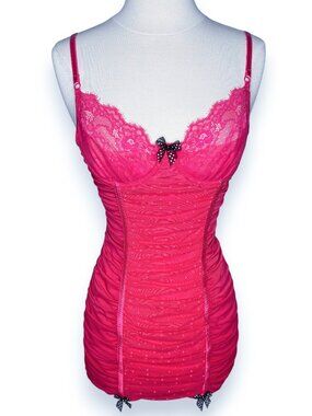 Jezebel Pink Ruched Mesh Lace Underwire Sheer Cups Lingerie Bows Size Small